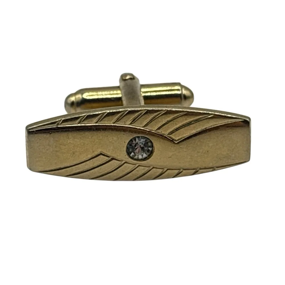 Vintage Gold Tone Cufflinks MCM‎ Clear Rhinestone Geometric Long Bar Design
